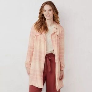 LAUREN CONRAD cropped Trench coat, cream/baby pink/powder pink plaid, M, belted